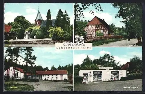 AK Ostenholz, Heide-Drogerie, Kirche, Kinderheim, Schule
