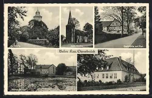 AK Belm, Ev. Kirche, Kath. Kirche, Gaststätte zur Post, Neue Schule