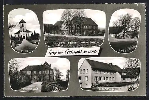 AK Gesmold /Melle, Gaststätte-Bäckerei J. Seling, Kirche, Linde, Jugendheim, Schlossansicht