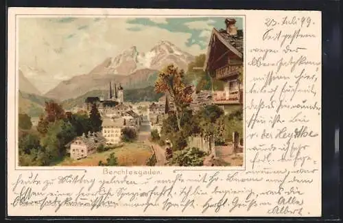 Künstler-Lithographie Berchtesgaden, schöner Blick mit Bergen im Hintergrund