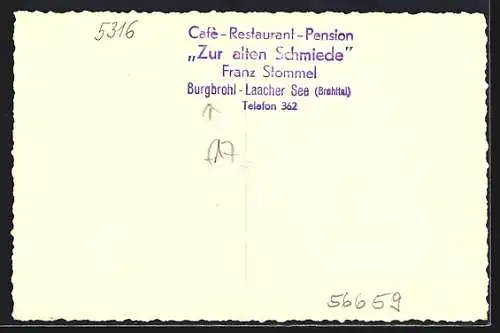 AK Burgbrohl /Brohltal, Café-Restaurant-Pension Zur alten Schmiede, Bes. Franz Stommel