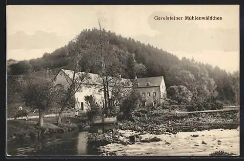 AK Gerolstein, Gerolsteiner Mühlenwäldchen, Gebäude, Strasse und Gewässer mit Bergblick
