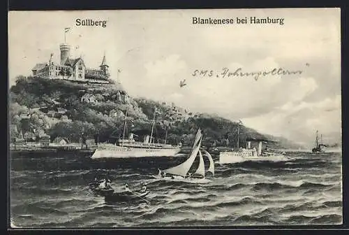 AK Hamburg-Blankenese, Blick zum Süllberg, Dampfer auf der Elbe