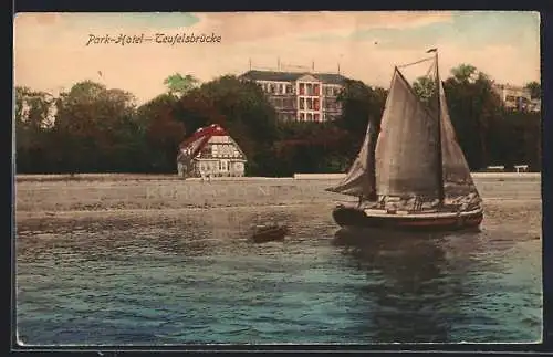 AK Hamburg-Flottbek, Park-Hotel Teufelsbrücke, vom Wasser gesehen