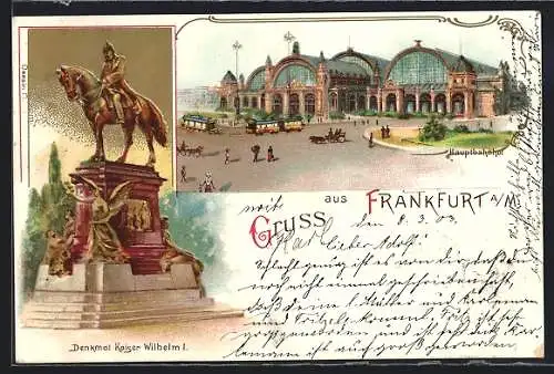 Lithographie Frankfurt, Hauptbahnhof und Kaiser Wilhelm I. Denkmal