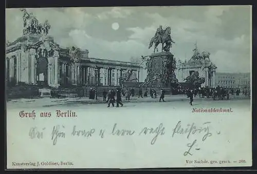 Mondschein-AK Berlin, Nationaldenkmal-Panorama mit Strasse