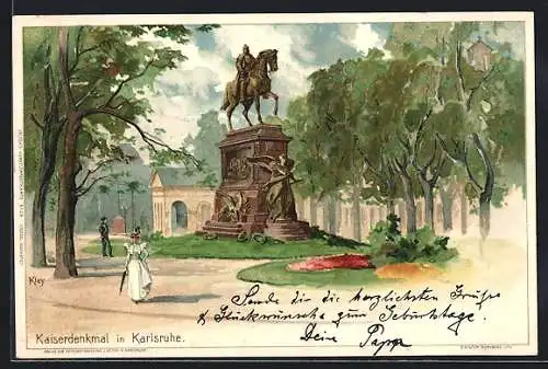 Künstler-AK Heinrich Kley: Karlsruhe, Mann bestaunt das Kaiserdenkmal