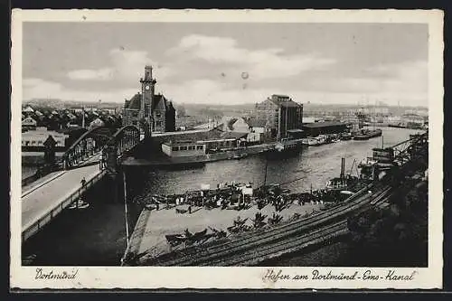 AK Dortmund, Hafen am Dortmund-Ems-Kanal mit Brücke aus der Vogelschau