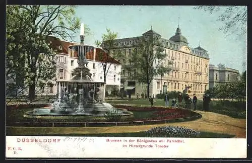 AK Düsseldorf, Brunnen in der Königsallee mit Parkhotel und Theater