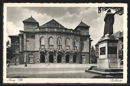 AK Mainz a. Rh., Stadttheater mit Denkmal