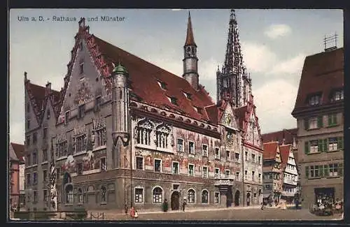 AK Ulm / Donau, Partie am Rathaus mit Blick zum Turm vom Münster