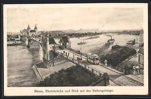 AK Bonn, Rheinbrücke mit Strassenbahn