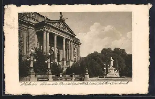 AK Wiesbaden, Nassauisches Landestheater, Portal und Schiller-Denkmal