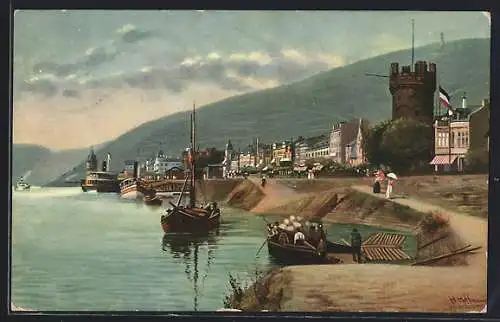 AK Rüdesheim a. Rh., Blick von Ufer auf Fluss mit Schiffen, Turm, Häuser und Umgebung