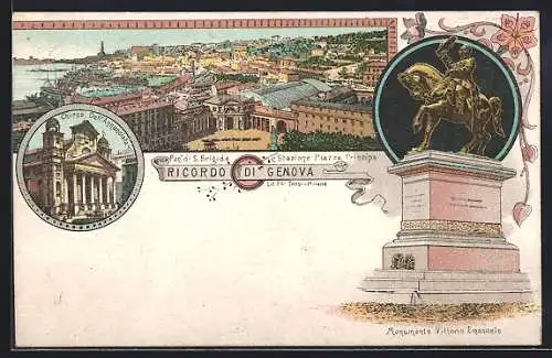 Lithographie Genova, Chiesa Dell`Annunciata, Monumento Vittorio Emanuele