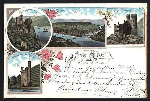 Lithographie Bingen /Rhein, Totalansicht, Mäuseturm, Burg Rheinstein
