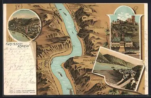 Lithographie Oberwesel / Rhein, Landkarte vom Rhein von St. Goar bis Caub