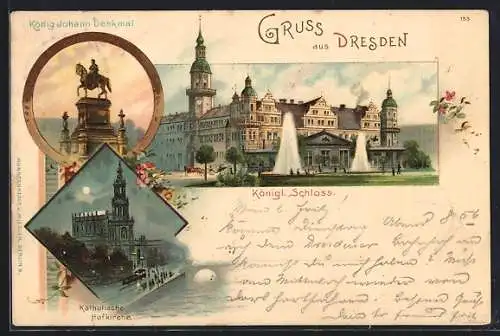 Lithographie Dresden, Königl. Schloss, König-Johann-Denkmal, Katholische Hofkirche bei Nacht, Blumen, Um 1900