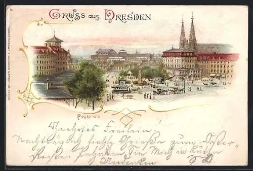 Lithographie Dresden, Strassenbahn auf dem Postplatz