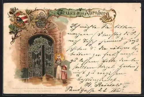 Lithographie Nürnberg, Geschmiedetes Eingangstor, Wappen