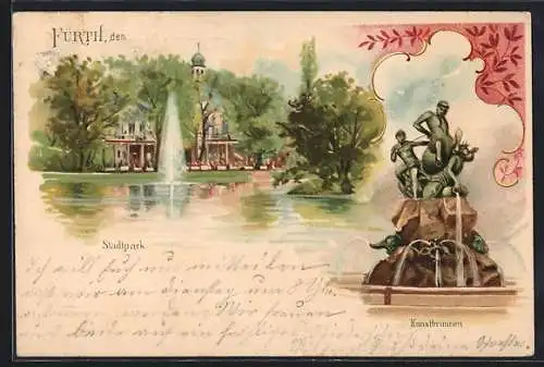 Lithographie Fürth, Fontäne in Stadtpark, Kunstbrunnen