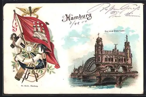 Lithographie Hamburg-Rothenburgsort, Die neue Elbbrücke, Wappen mit Schiffsanker