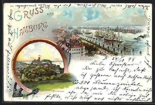 Lithographie Hamburg-Blankenese, Süllberg, Schiffe im Hafen