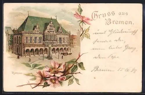 Lithographie Bremen, Rathaus mit Pferdebahn