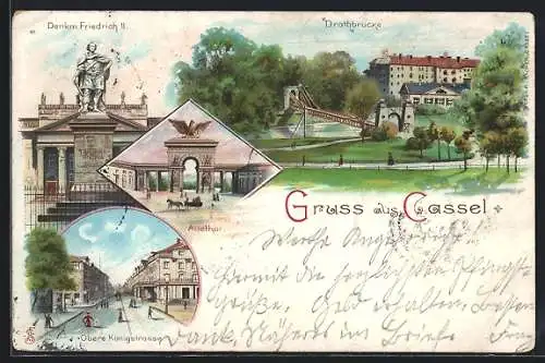 Lithographie Kassel, Denkmal Friedrich II., Drahtbrücke, Auetor, Pferdekutsche