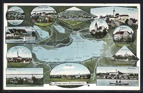 Künstler-AK Eugen Felle: Utting, Landkarte vom Ammersee mit angrenzenden Orten und Sehenwürdigkeiten