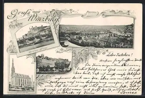 AK Würzburg, Mainbrücke mit Festung, Kirche, Käpple