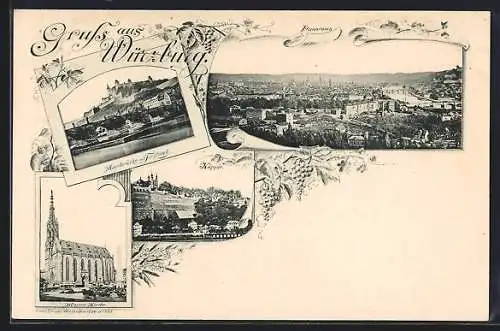 AK Würzburg, Totalansicht, Mainbrücke mit Festung, Marien-Kirche