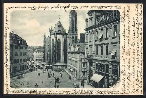 AK Würzburg, Marktplatz mit Kafeegeschäft Tengelmann und Kirche