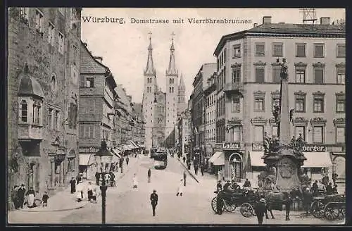 AK Würzburg, Domstrasse mit Vierröhrenbrunnen