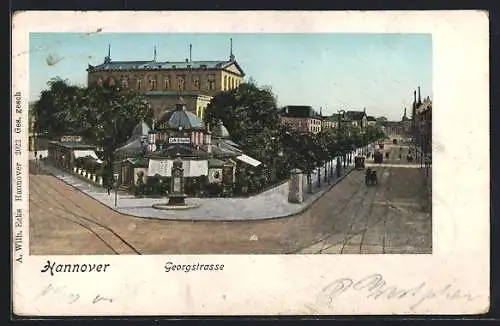 Goldfenster-AK Hannover, Cafe Kröpcke mit leuchtenden Fenstern, Georgstrasse, Strassenbahn, Pferdekutsche