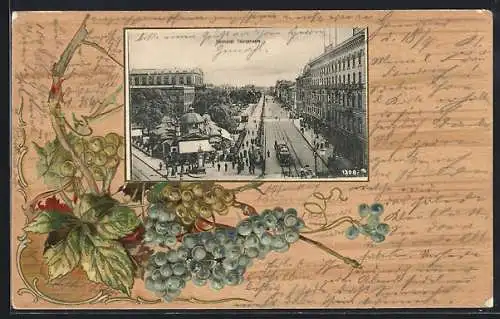 Lithographie Hannover, Georgstrasse mit Cafe Kröpcke und Strassenbahn, Passepartout