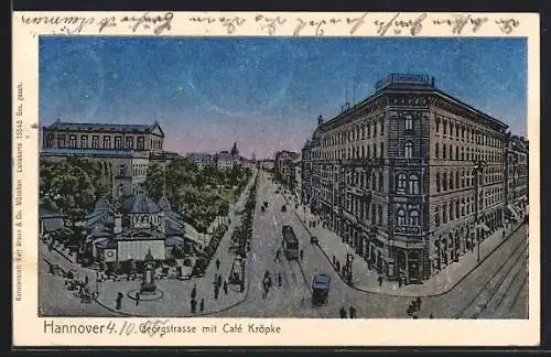 Luna-AK Hannover, Georgstrasse mit Cafe Kröpcke und Strassenbahn