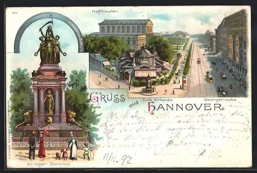 Lithographie Hannover, Georgenstrasse mit Hoftheater und Café Kröpcke, Krieger-Denkmal