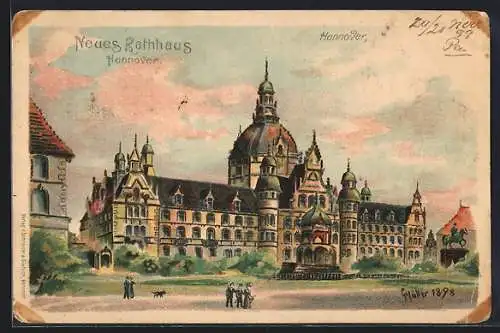 Lithographie Hannover, Neues Rathaus mit Leuten um 1900