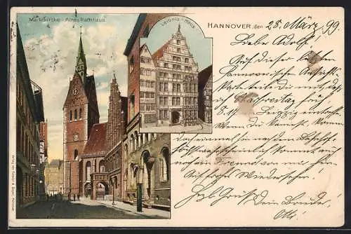 Lithographie Hannover, Marktkirche, Altes Rathaus, Leibniz-Haus