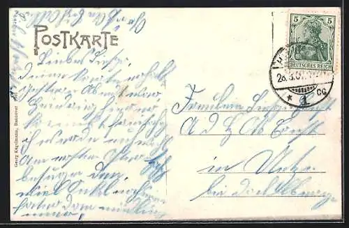 AK Hannover, Herrenhäuser Allee mit Pferdewagen, Kätzchenzweig, Ostergruss, Passepartout