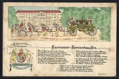 Künstler-AK Hannover-Herrenhausen, Schloss mit Kutsche, Alt-Hannoversches Landeswappen