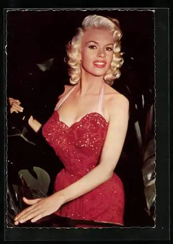 AK Schauspielerin Jayne Mansfield im roten Pailletten-Kleid