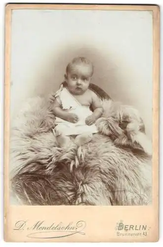 Fotografie D. Mendelssohn, Berlin, Brunnen-Strasse 43, Süsses Kleinkind auf Fell sitzend