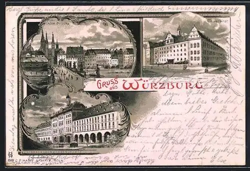 Lithographie Würzburg, Alte Brücke, Universität & Spital