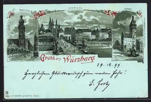 Mondschein-Lithographie Würzburg, Neubau-Kirche, Alte Brücke, Rathaus