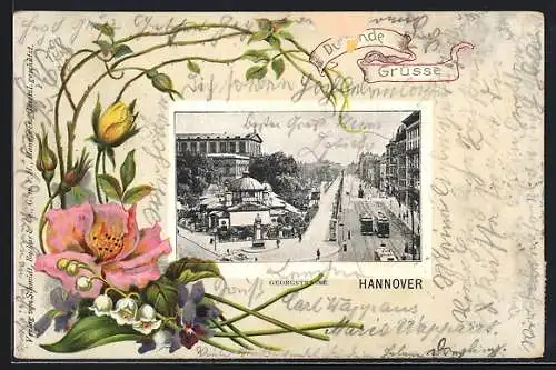 Lithographie Hannover, Georgstrasse mit Cafe Kröpcke und Opernhaus, duftende Blumengrüsse