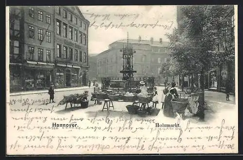 AK Hannover, Holzmarkt, Marktstand am Brunnen