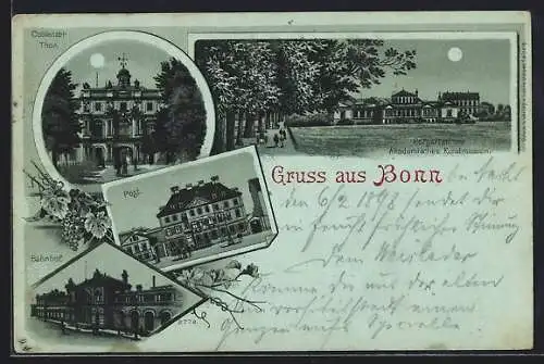 Mondschein-Lithographie Bonn, Post, Coblenzer Thor, Bahnhof