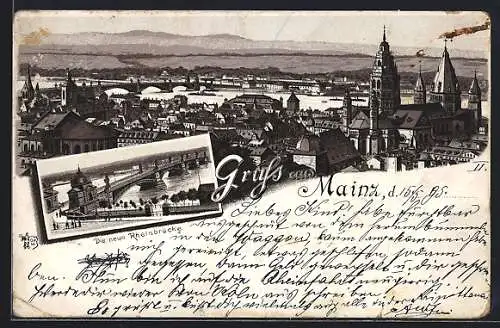 Lithographie Mainz, Blick auf die neue Rheinbrücke, Totalansicht aus der Vogelschau